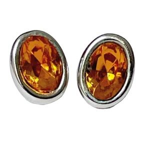 Vintage silver faceted orange stone oval stud earrings